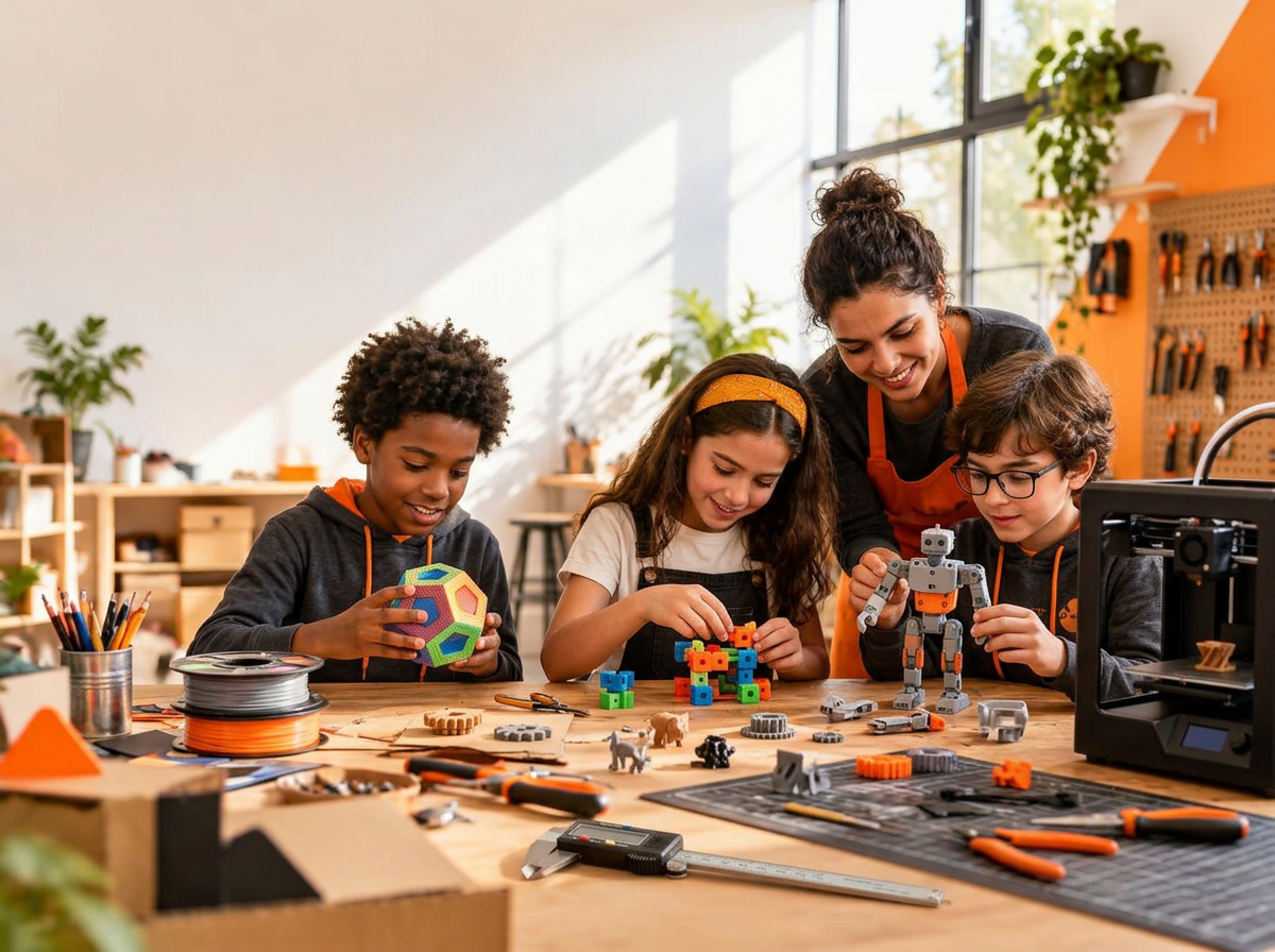 Crianças criando projetos em uma oficina maker